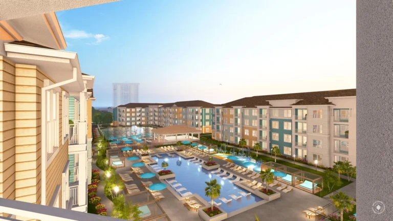 Margaritaville Vacation Residences Myrtle Beach by AmeriCraft Homes — Rendering of balcony and pool