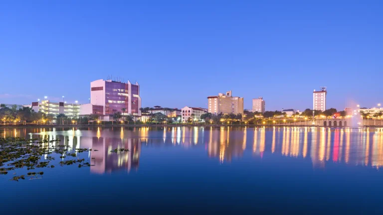Downtown Lakeland, Florida overlooking lake at dusk