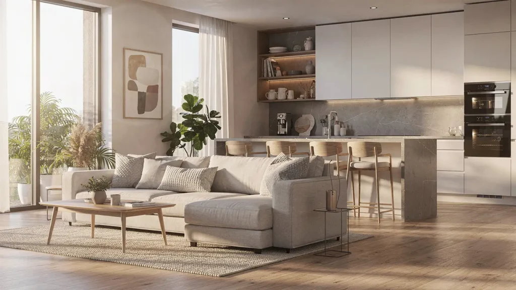 Modern Open Living Area with Sofa, Coffee Table, and Kitchen in Sunlight