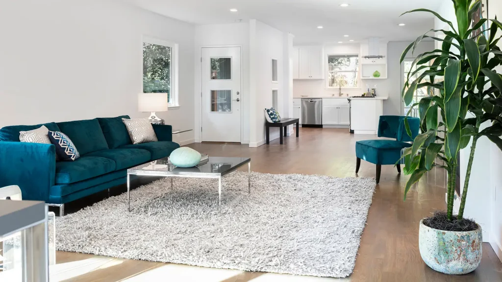 Beautiful and large living room interior with hardwood floors, fluffy rug and designer furniture