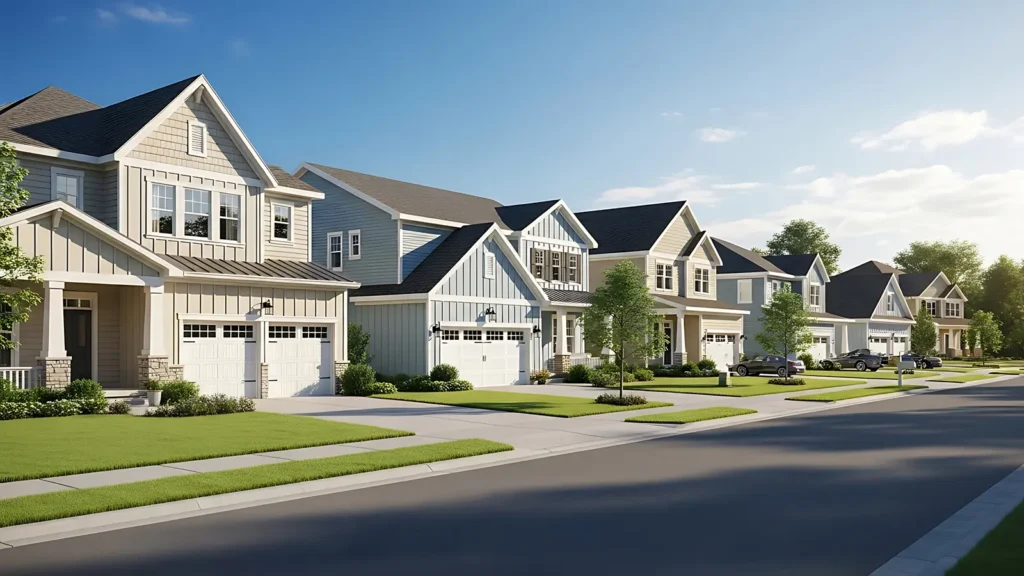 Neighborhood street lined with single-family homes